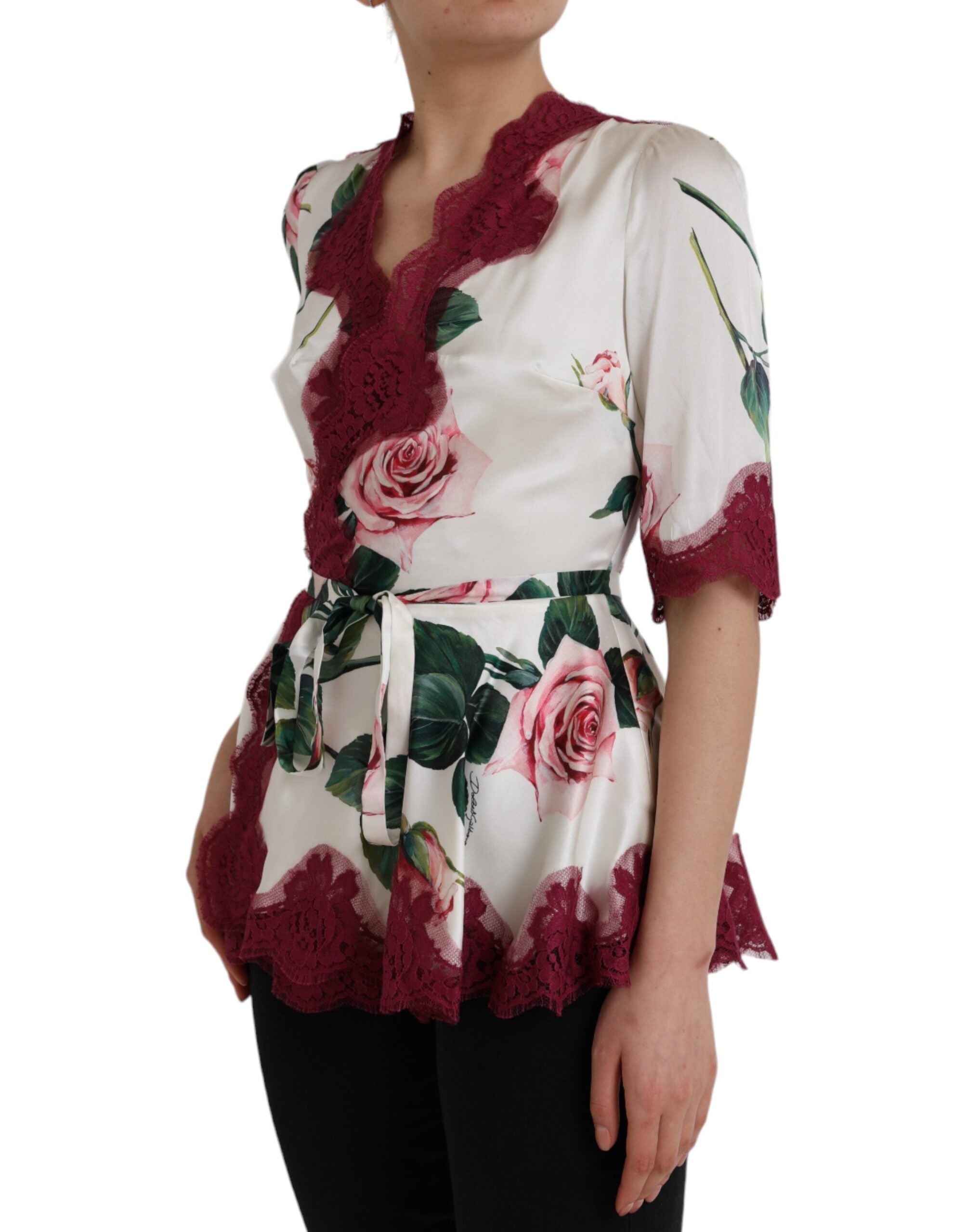 Dolce & Gabbana White Floral Lace Silk Short Sleeves Women's Top (Pre-Owned)