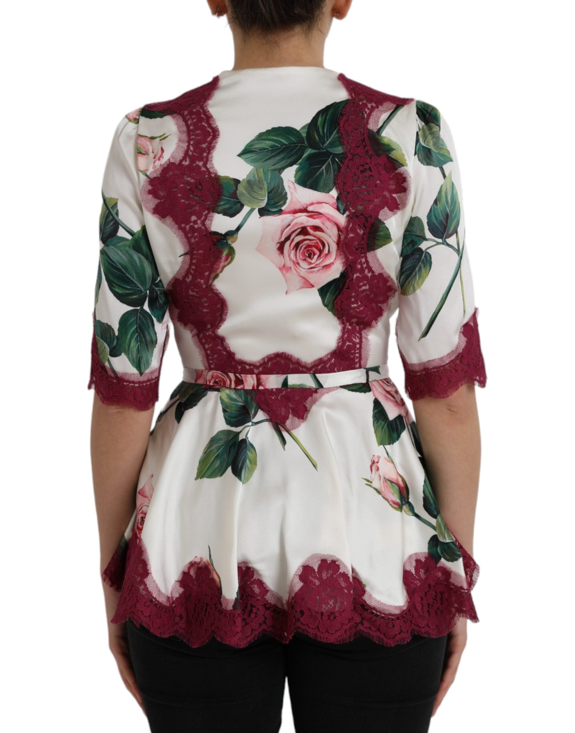 Dolce & Gabbana White Floral Lace Silk Short Sleeves Women's Top (Pre-Owned)