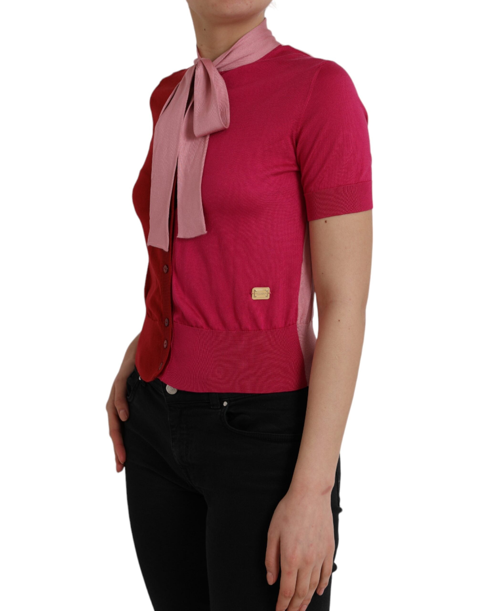 Dolce & Gabbana Pink Short Sleeves Pullover Ascot Collar Women's Top