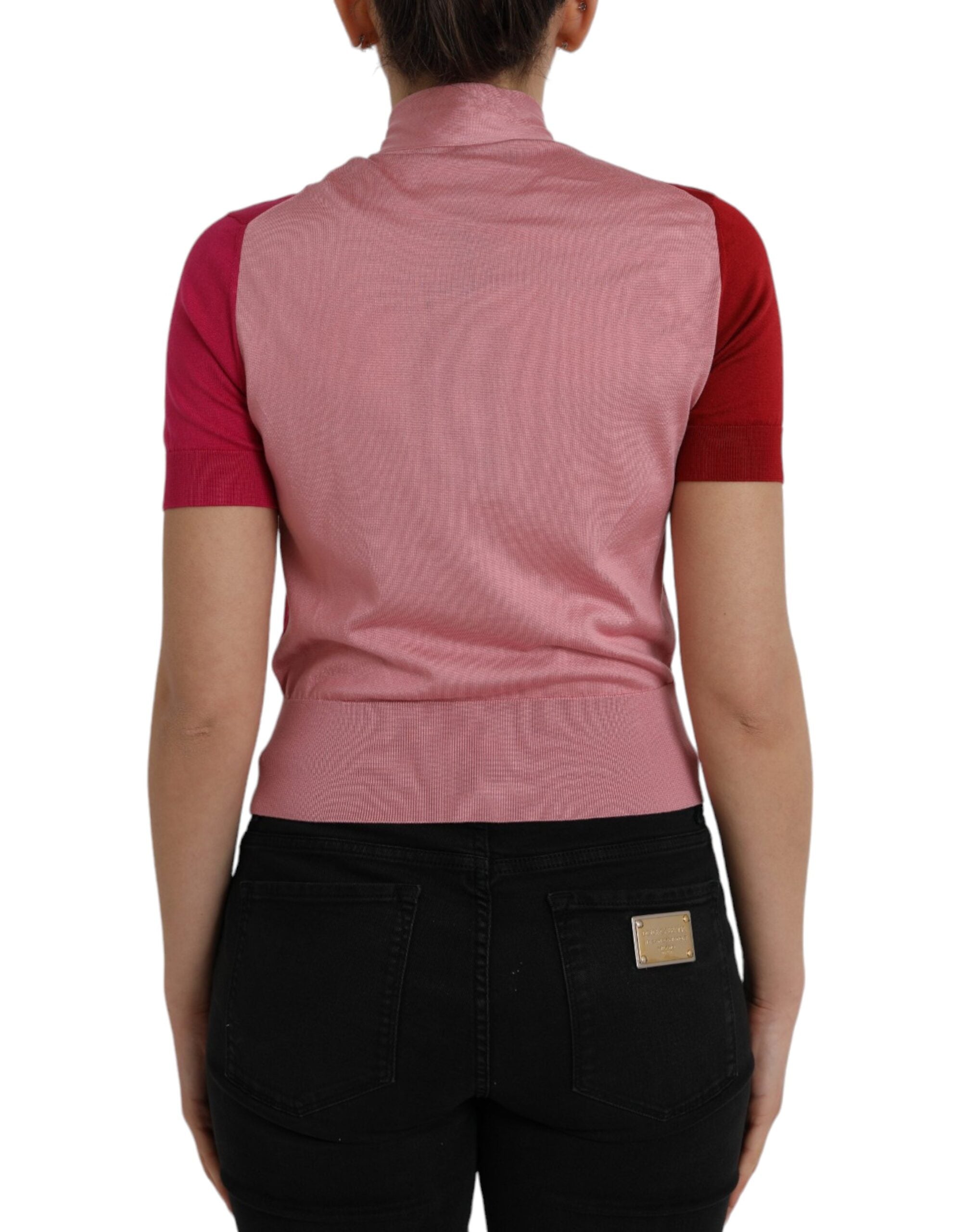 Dolce & Gabbana Pink Short Sleeves Pullover Ascot Collar Women's Top
