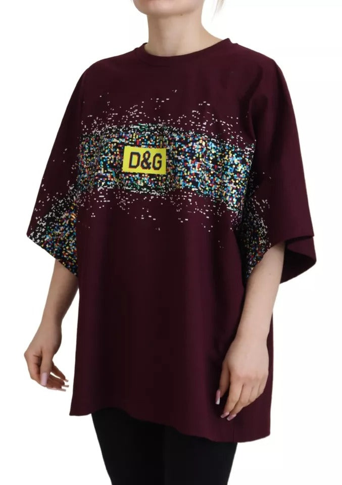 Dolce & Gabbana Bordeaux D&G Print Round Neck Cotton Women's T-shirt (Pre-Owned)