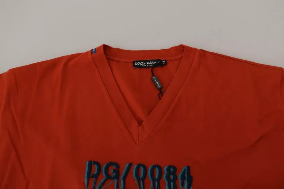 Dolce & Gabbana Red Logo Embroidery Crewneck Cotton Men's T-shirt (Pre-Owned)