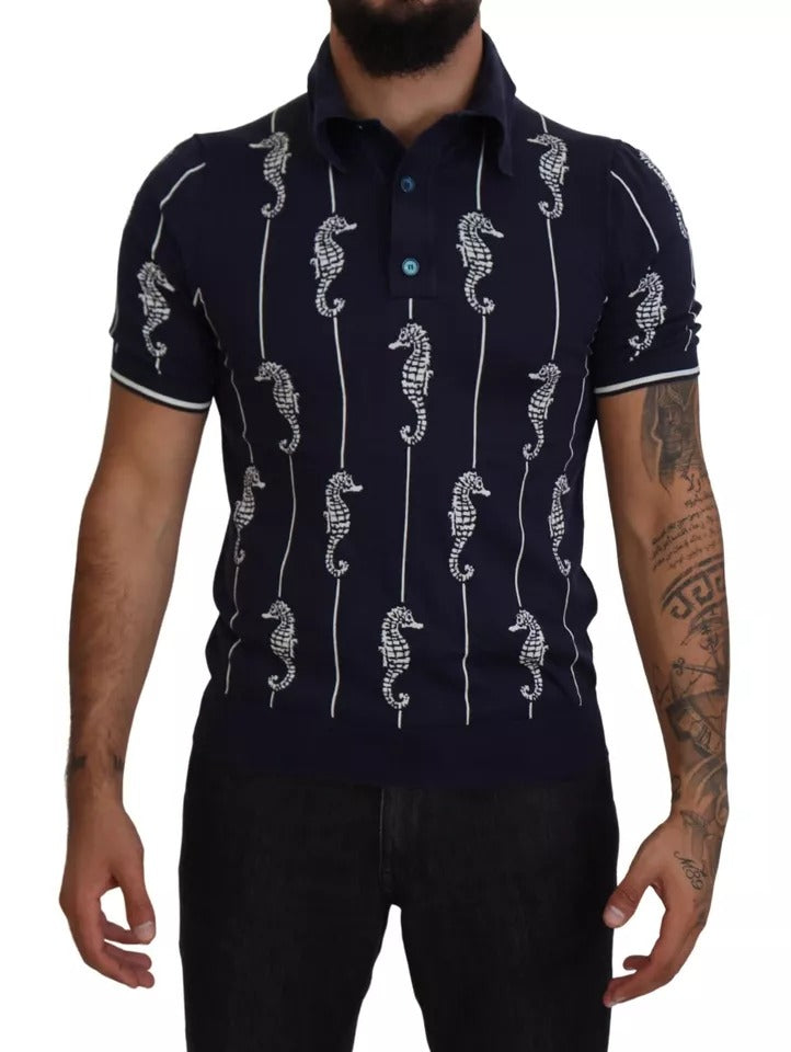 Dolce & Gabbana Dark Blue Sea Horse Collared Polo Men's T-shirt (Pre-Owned)