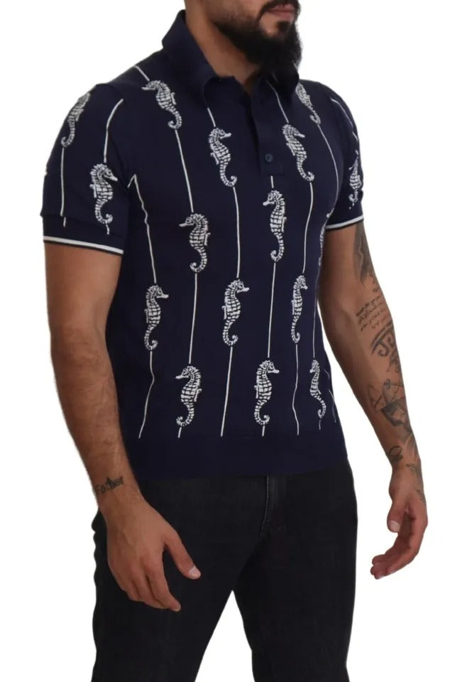 Dolce & Gabbana Dark Blue Sea Horse Collared Polo Men's T-shirt (Pre-Owned)