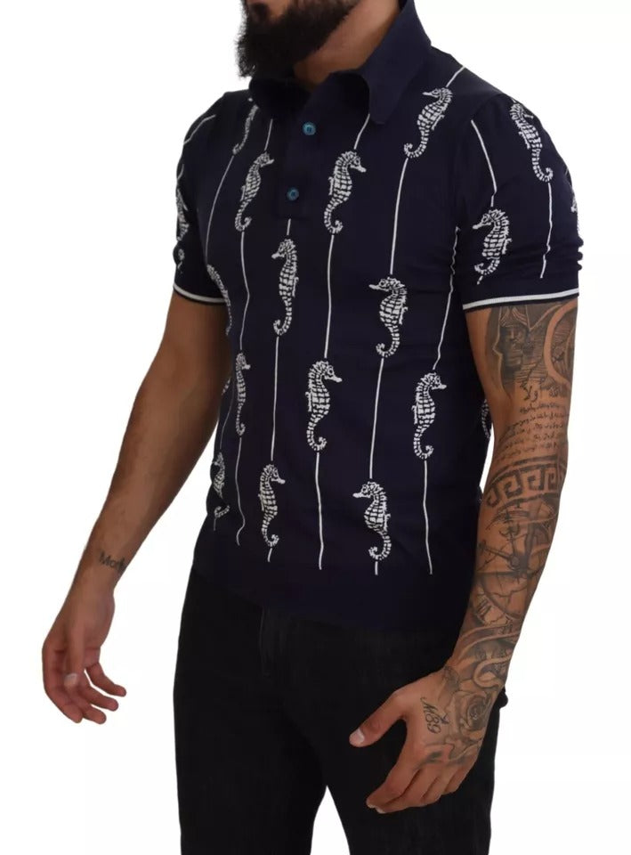 Dolce & Gabbana Dark Blue Sea Horse Collared Polo Men's T-shirt (Pre-Owned)