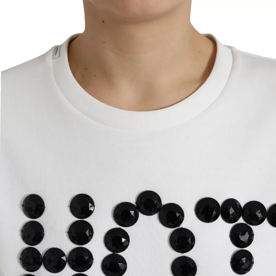 Dolce & Gabbana White Cotton Black HOT Crystal Top Women's T-shirt (Pre-Owned)
