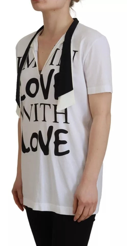 Dolce & Gabbana White Cotton Printed Ascot Collared Women's T-shirt (Pre-Owned)