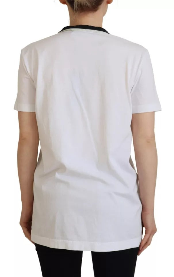 Dolce & Gabbana White Cotton Printed Ascot Collared Women's T-shirt (Pre-Owned)