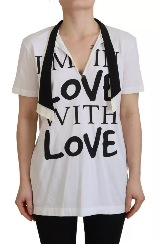 Dolce & Gabbana White Cotton Printed Ascot Collared Women's T-shirt (Pre-Owned)