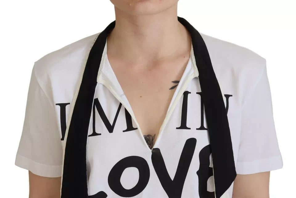 Dolce & Gabbana White Cotton Printed Ascot Collared Women's T-shirt (Pre-Owned)