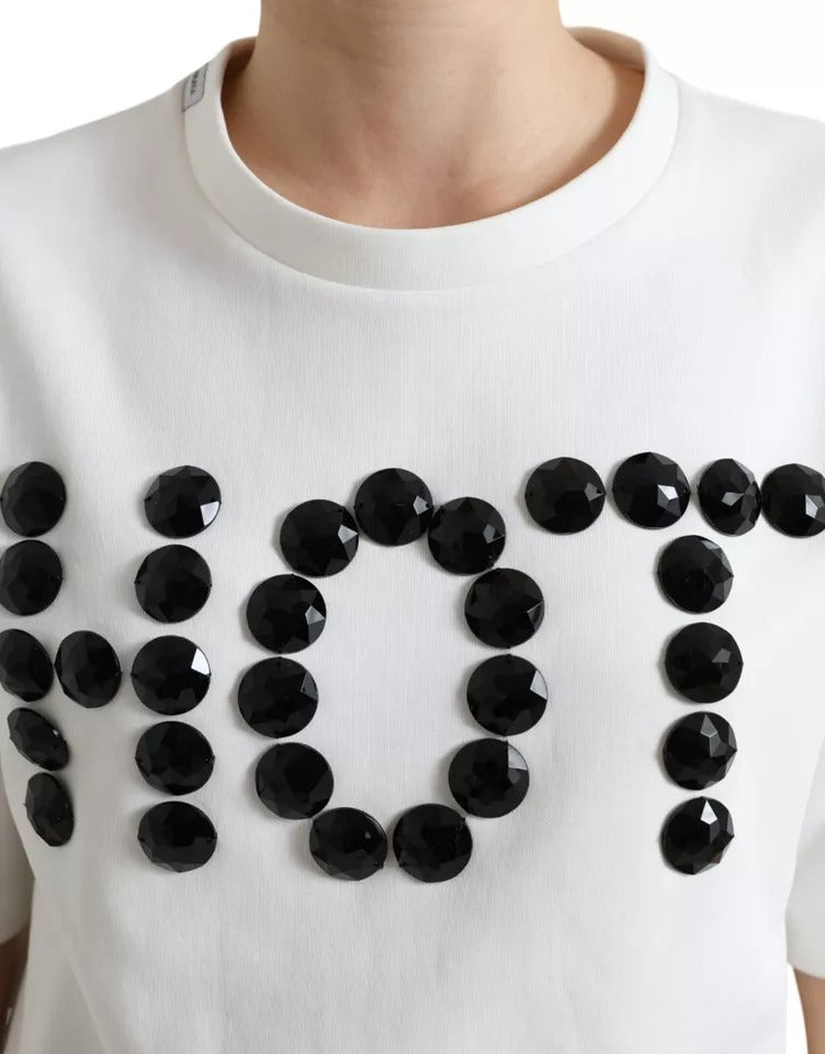 Dolce & Gabbana White Cotton Stretch Black HOT Crystal Women's T-shirt (Pre-Owned)