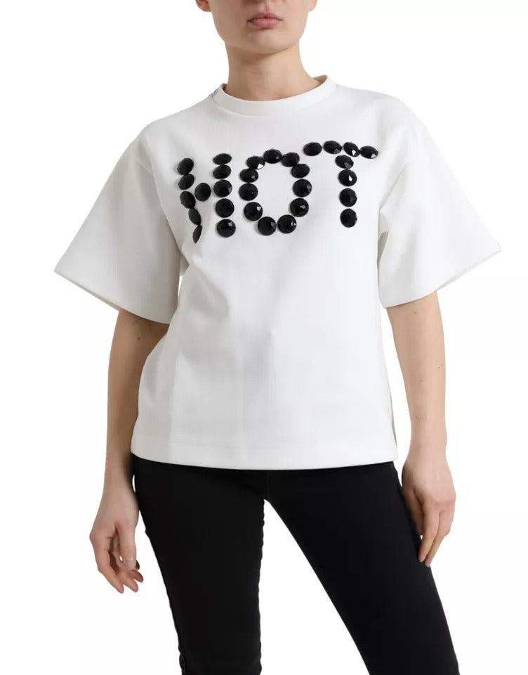 Dolce & Gabbana White Cotton Stretch Black HOT Crystal Women's T-shirt (Pre-Owned)