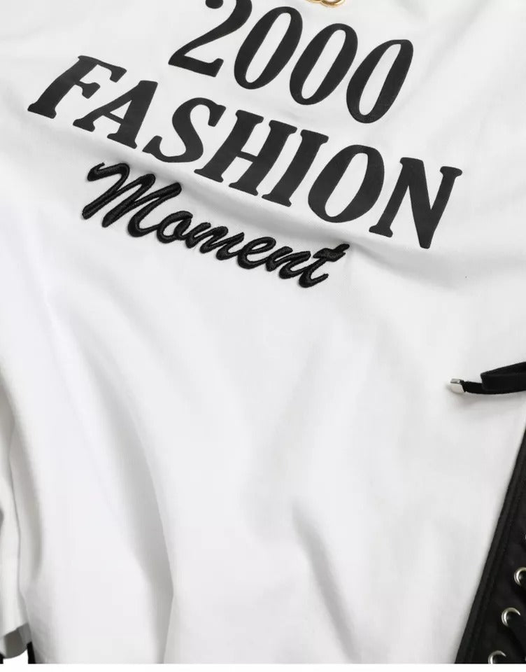 Dolce & Gabbana White Slogan Print Lacing Detailed Women's T-shirt (Pre-Owned)