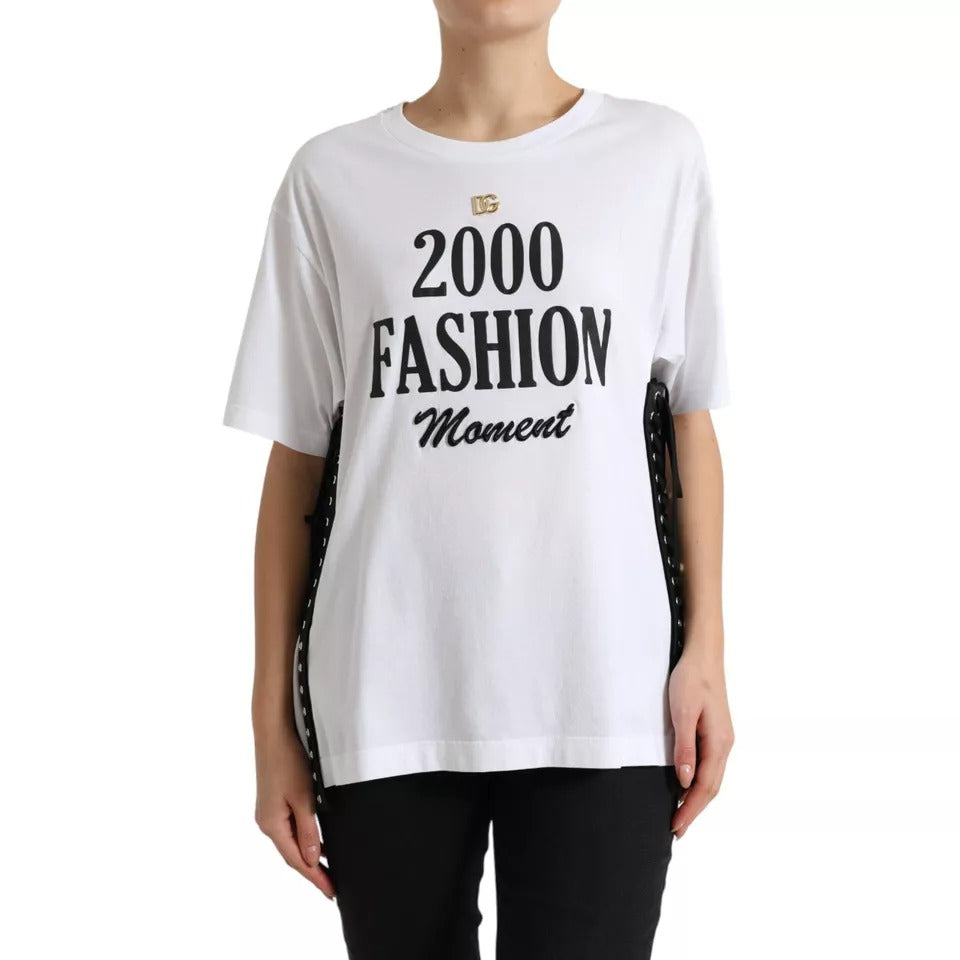 Dolce & Gabbana White Slogan Print Lacing Detailed Women's T-shirt (Pre-Owned)