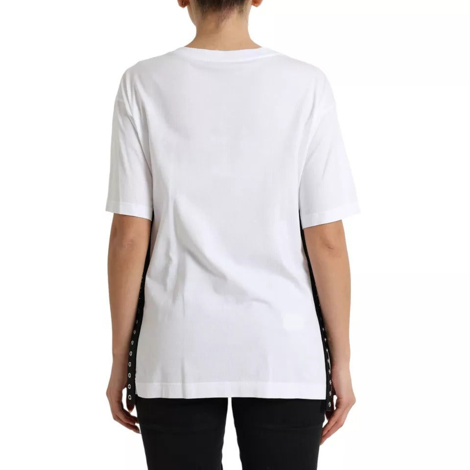 Dolce & Gabbana White Slogan Print Lacing Detailed Women's T-shirt (Pre-Owned)