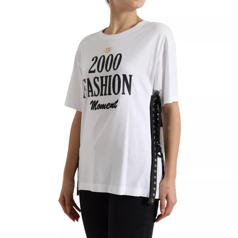 Dolce & Gabbana White Slogan Print Lacing Detailed Women's T-shirt (Pre-Owned)