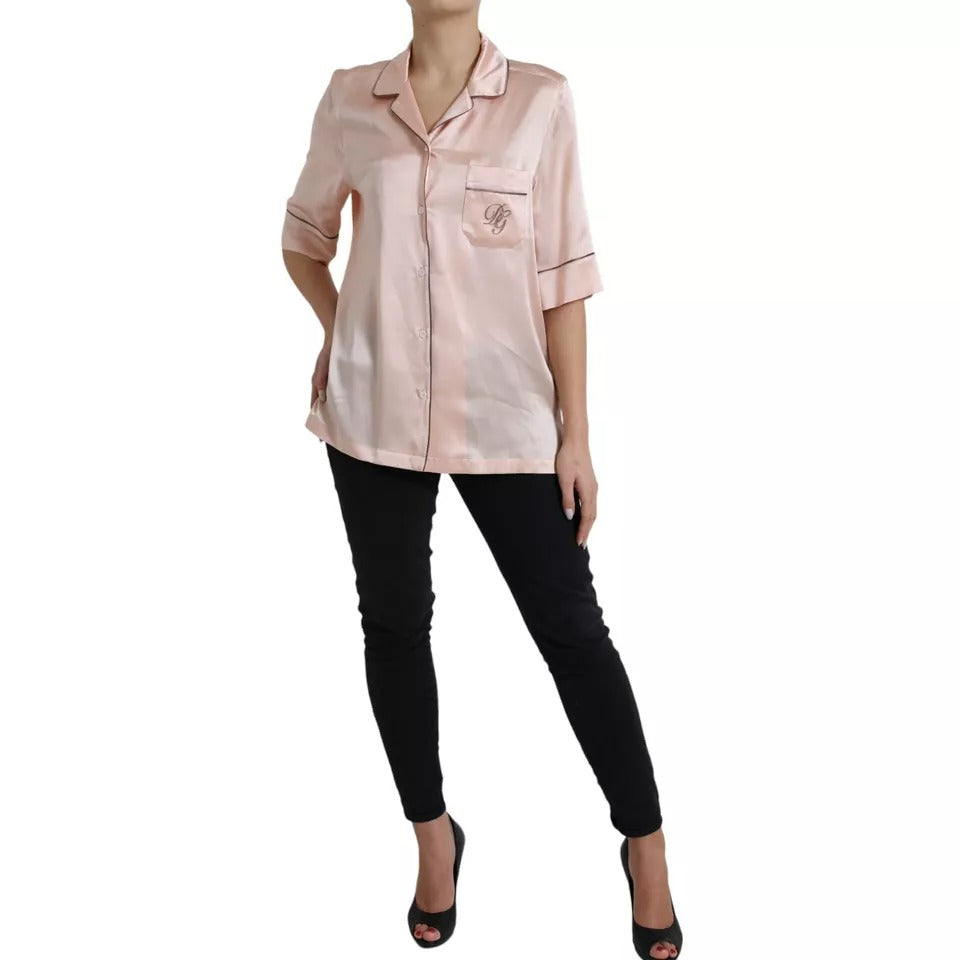 Dolce & Gabbana Pink Silk Long Sleeves Logo Pajama Blouse Women's Top (Pre-Owned)