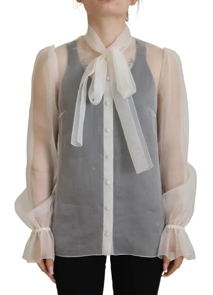 Dolce & Gabbana White Ascot Collar Long Sleeves Blouse Women's Top (Pre-Owned)