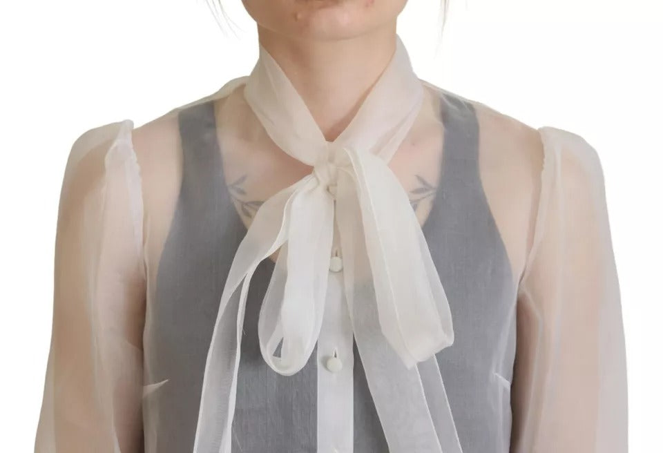 Dolce & Gabbana White Ascot Collar Long Sleeves Blouse Women's Top (Pre-Owned)