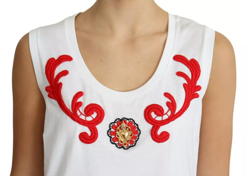 Dolce & Gabbana White Cotton Heart Applique Sleeveless Tank Women's Top (Pre-Owned)