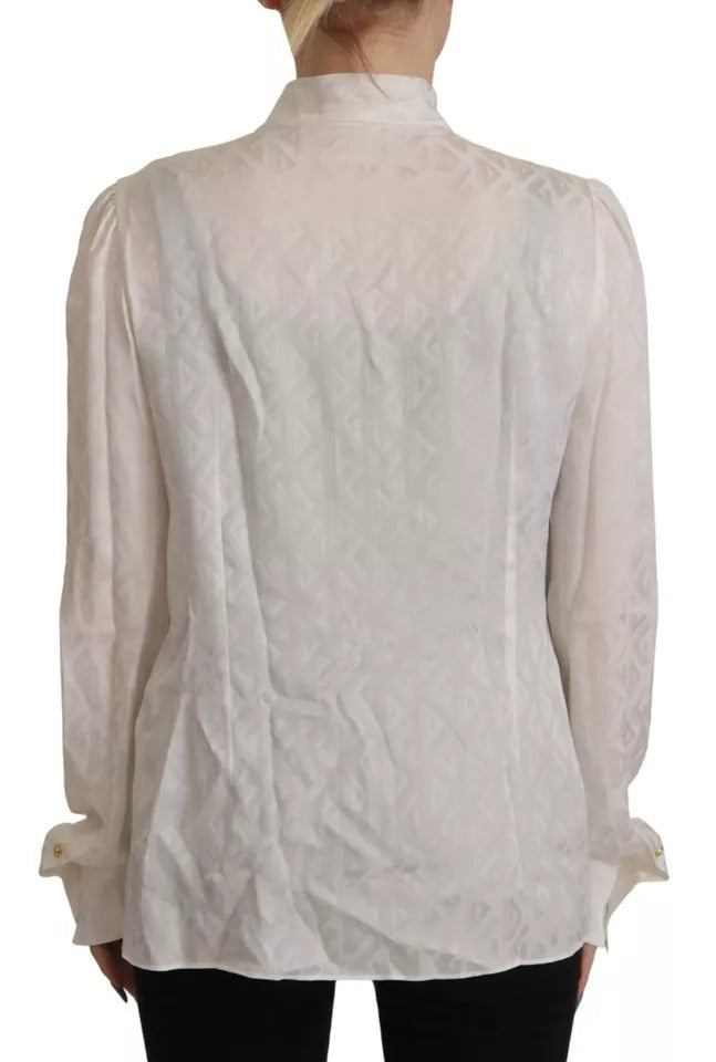 Dolce & Gabbana White Patterned Silk Ascot Collar Blouse Women's Top (Pre-Owned)