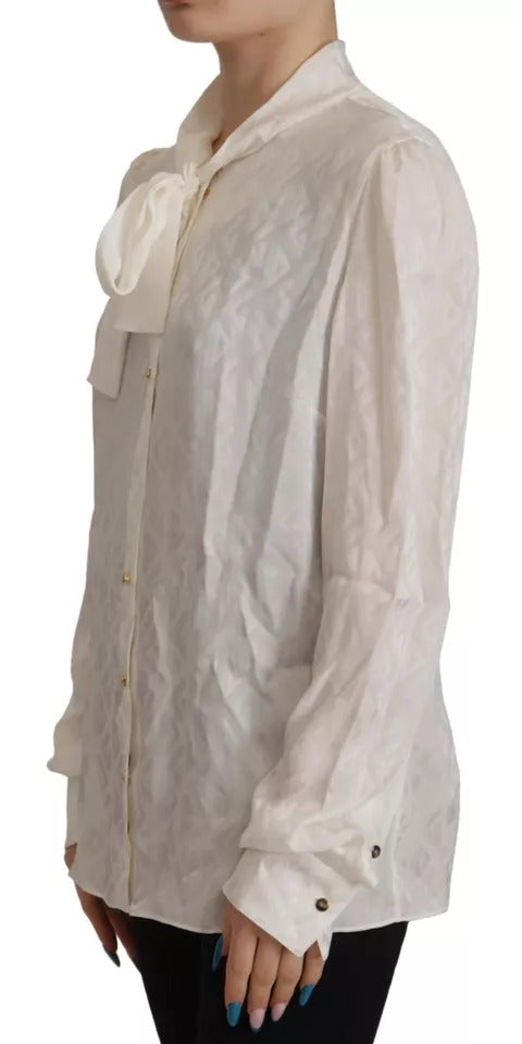 Dolce & Gabbana White Patterned Silk Ascot Collar Blouse Women's Top (Pre-Owned)