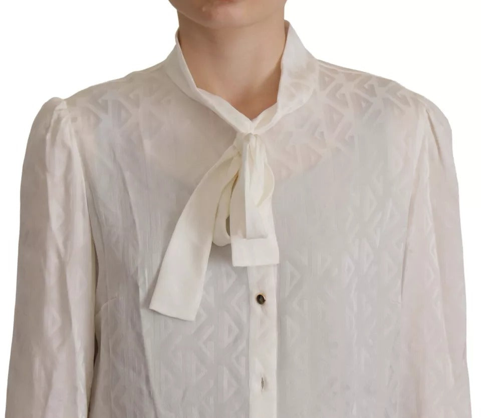 Dolce & Gabbana White Patterned Silk Ascot Collar Blouse Women's Top (Pre-Owned)