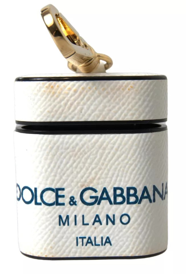 Dolce & Gabbana White Blue Calf Leather Logo Print Strap Airpods Case (Pre-Owned)