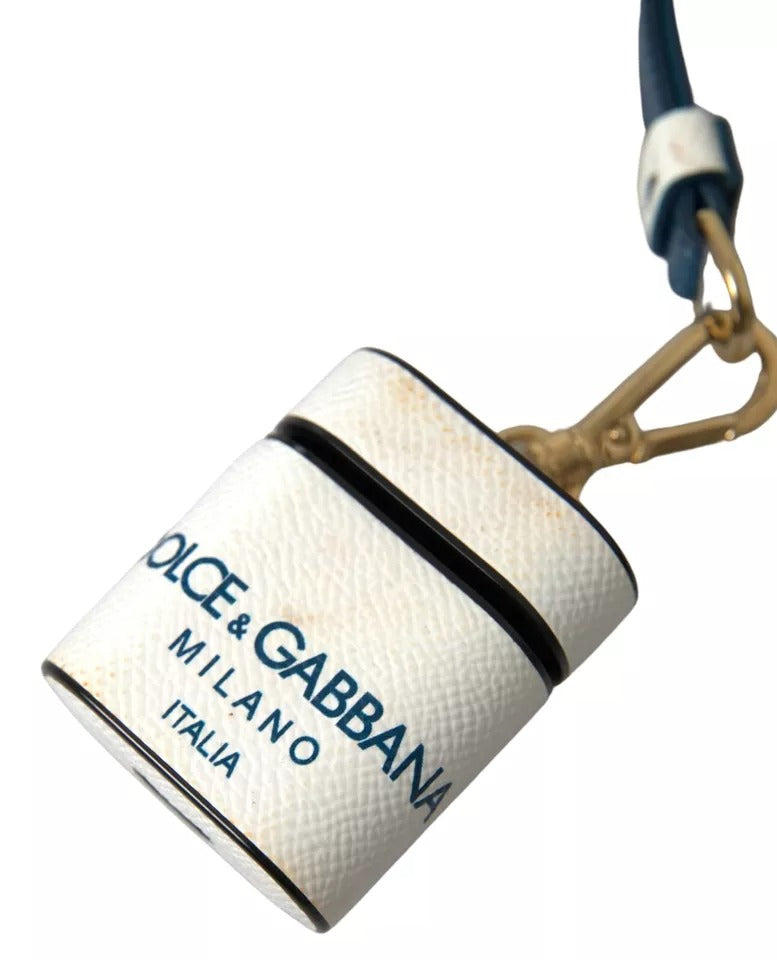 Dolce & Gabbana White Blue Calf Leather Logo Print Strap Airpods Case (Pre-Owned)