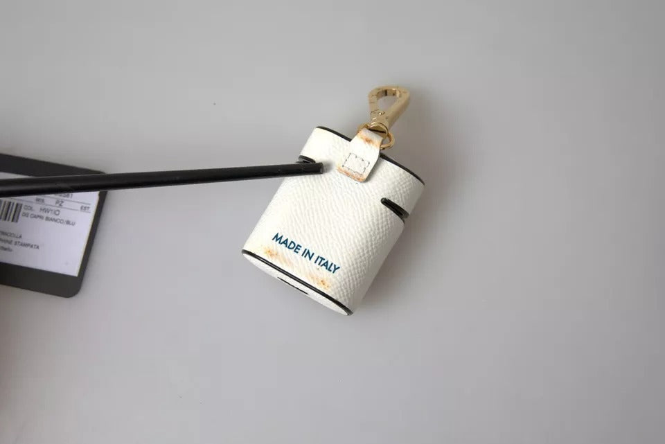 Dolce & Gabbana White Blue Calf Leather Logo Print Strap Airpods Case (Pre-Owned)