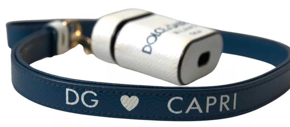 Dolce & Gabbana White Blue Calf Leather Logo Print Strap Airpods Case (Pre-Owned)