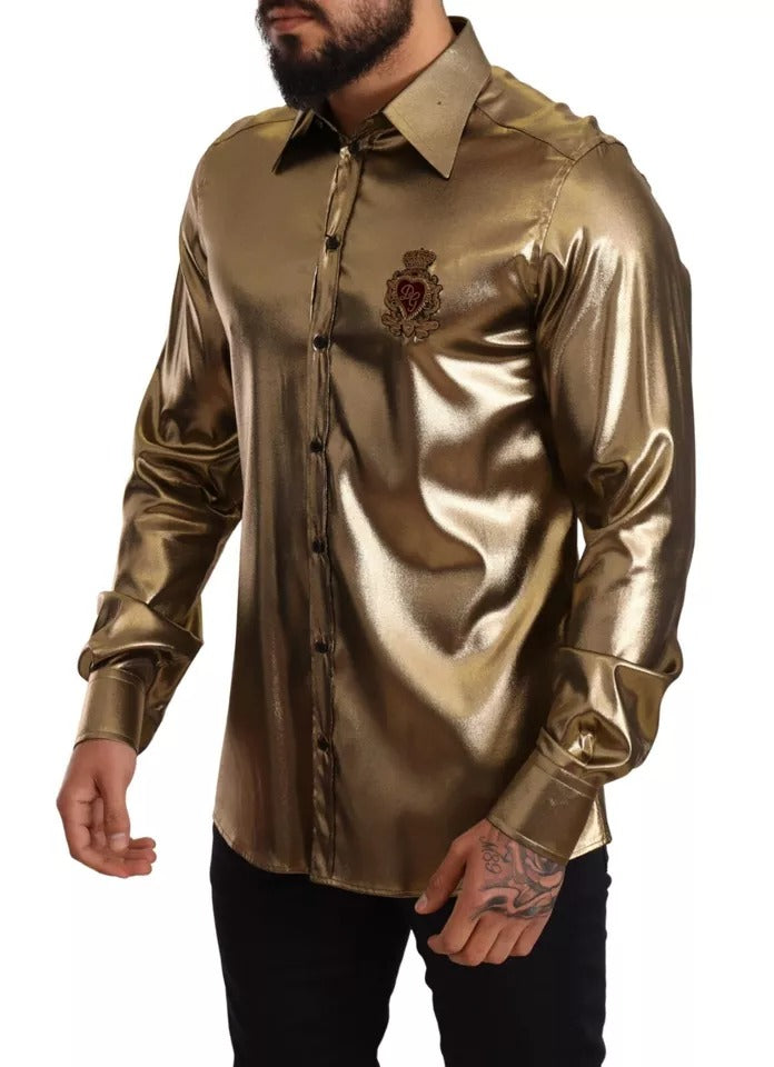 Dolce & Gabbana Metallic Gold DG Embroidered Crown Silk Top Men's Shirt (Pre-Owned)