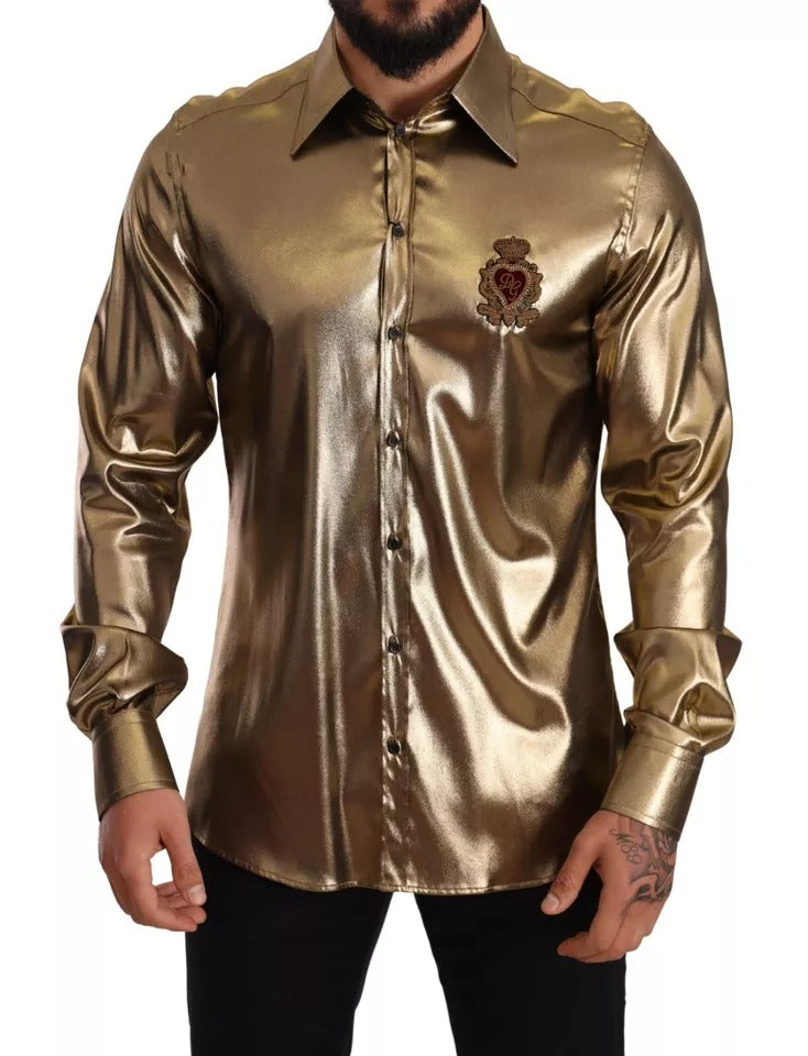 Dolce & Gabbana Metallic Gold DG Embroidered Crown Silk Top Men's Shirt (Pre-Owned)