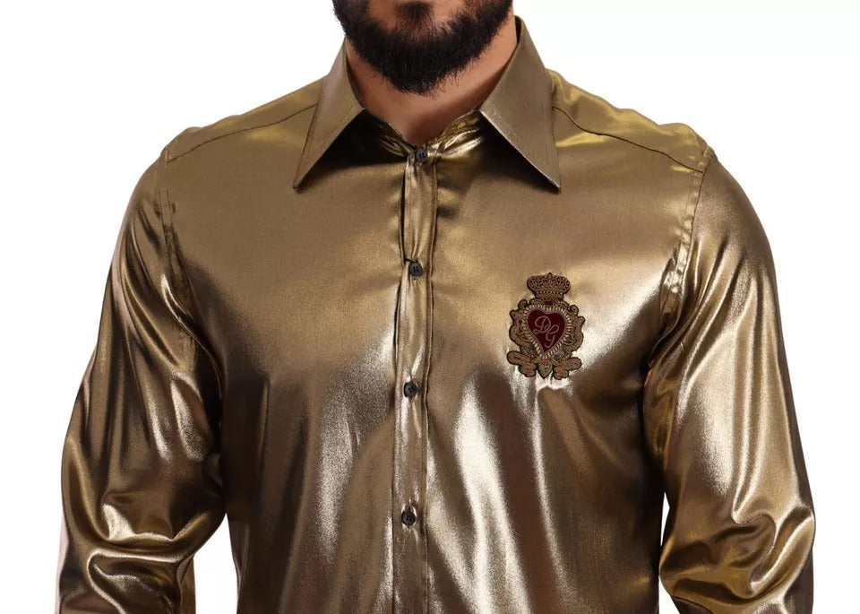Dolce & Gabbana Metallic Gold DG Embroidered Crown Silk Top Men's Shirt (Pre-Owned)