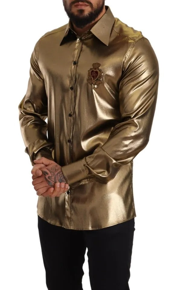Dolce & Gabbana Metallic Gold DG Embroidered Crown Silk Top Men's Shirt (Pre-Owned)