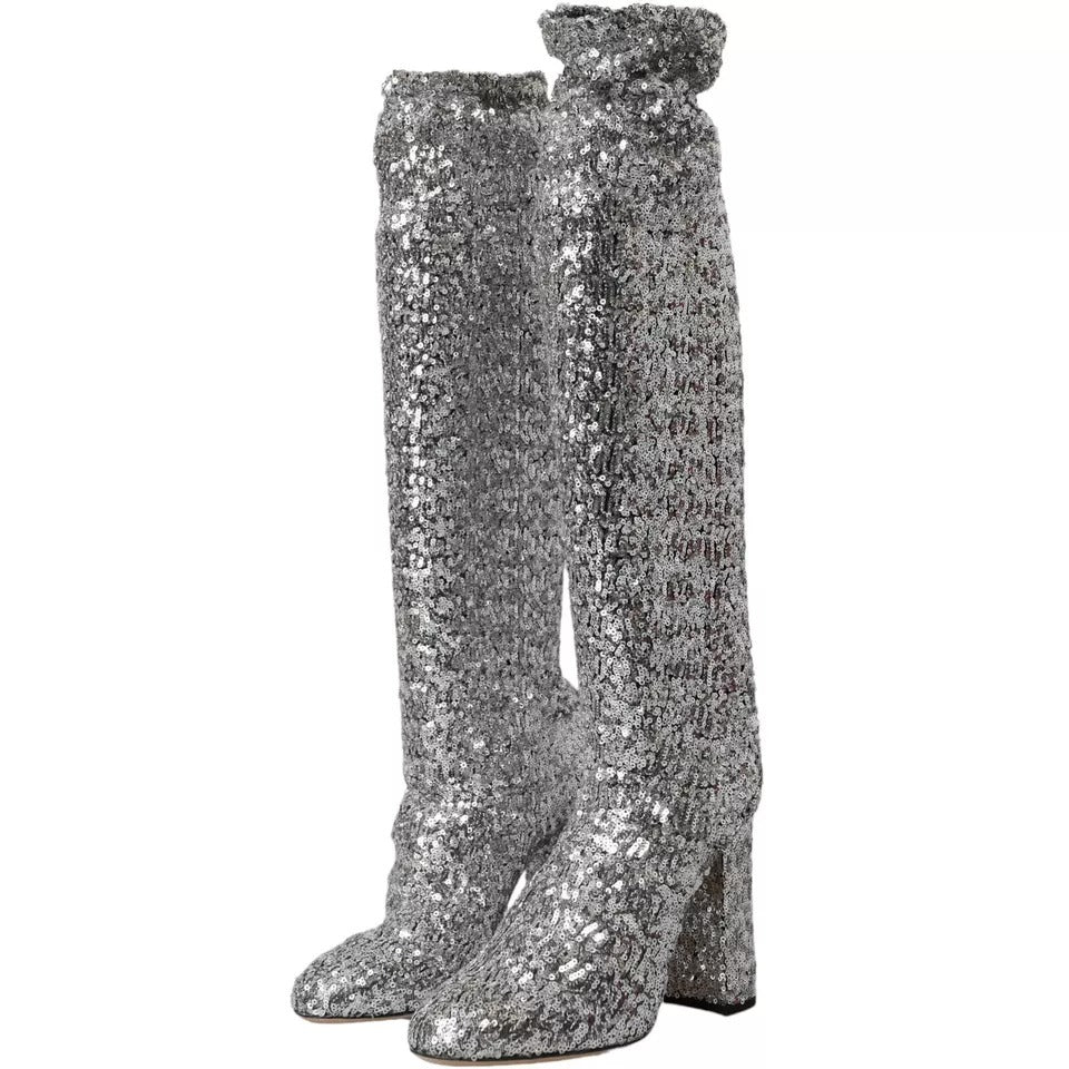 Dolce & Gabbana Silver Sequined High Boots Stretch Women's Shoes (Pre-Owned)