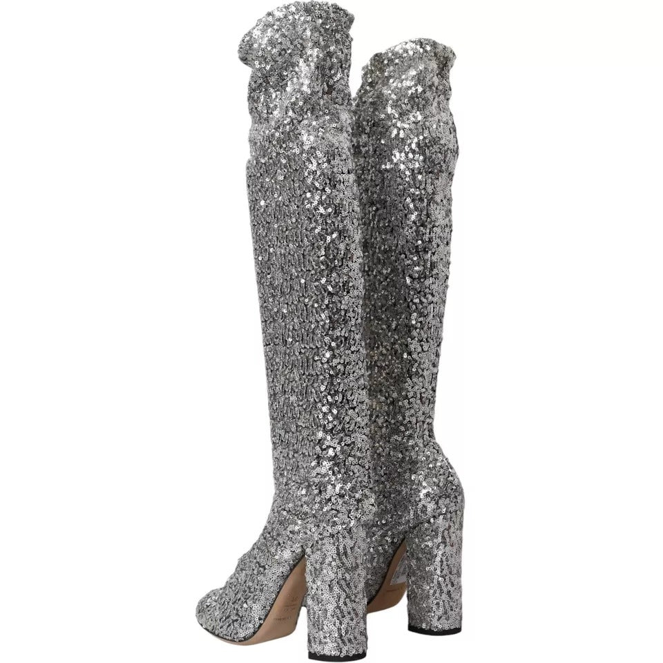 Dolce & Gabbana Silver Sequined High Boots Stretch Women's Shoes (Pre-Owned)