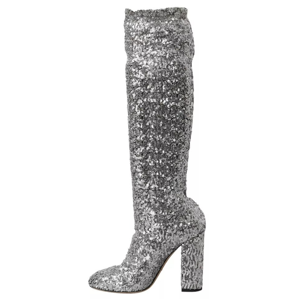 Dolce & Gabbana Silver Sequined High Boots Stretch Women's Shoes (Pre-Owned)