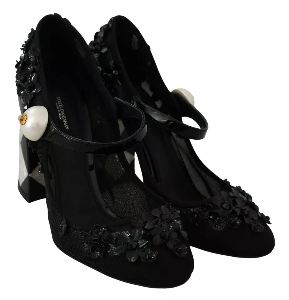 Dolce & Gabbana Black Floral Embellish Heels Mary Janes Pumps Women's Shoes (Pre-Owned)