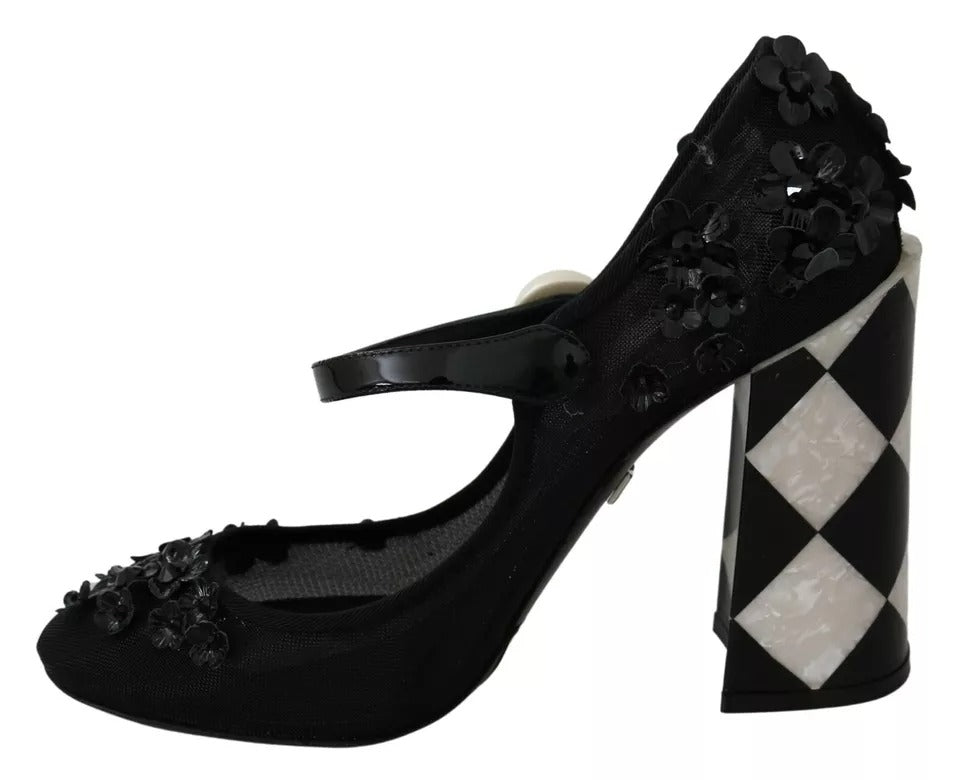 Dolce & Gabbana Black Floral Embellish Heels Mary Janes Pumps Women's Shoes (Pre-Owned)
