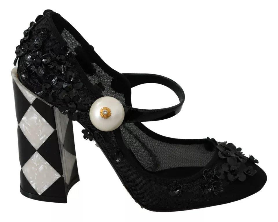 Dolce & Gabbana Black Floral Embellish Heels Mary Janes Pumps Women's Shoes (Pre-Owned)