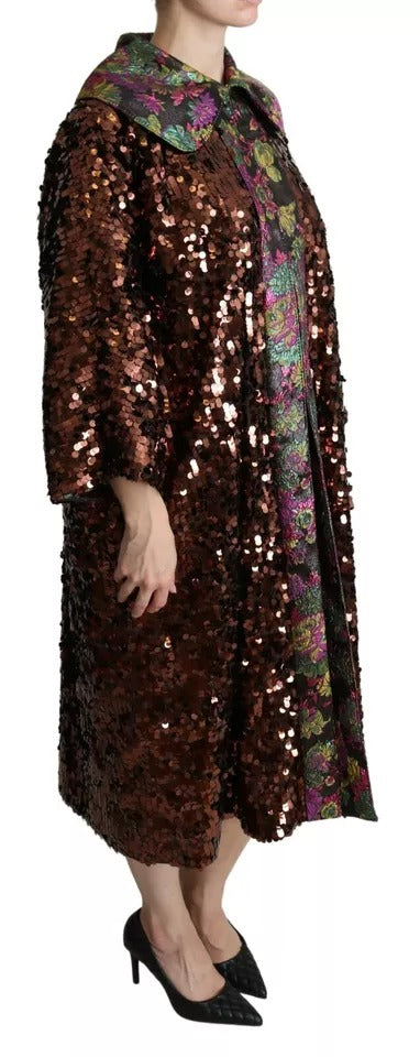 Dolce & Gabbana Multicolor Sequined Long Coat Jaquard Women's Jacket
