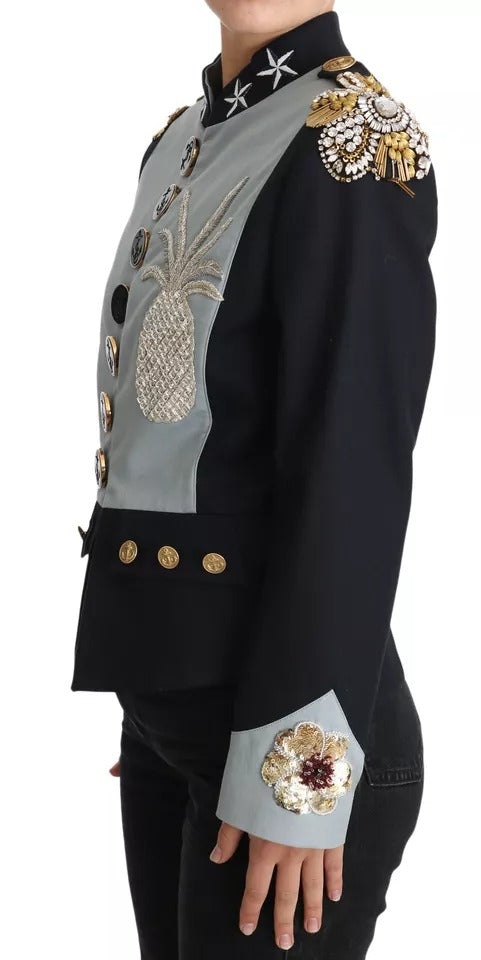 Dolce & Gabbana Blue Button Crystal Embellished Cotton Women's Jacket
