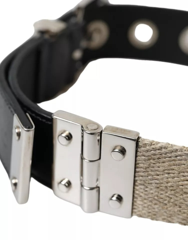 Dolce & Gabbana Black Leather Beige Strap Silver Metal Buckle Men's Belt (Pre-Owned)