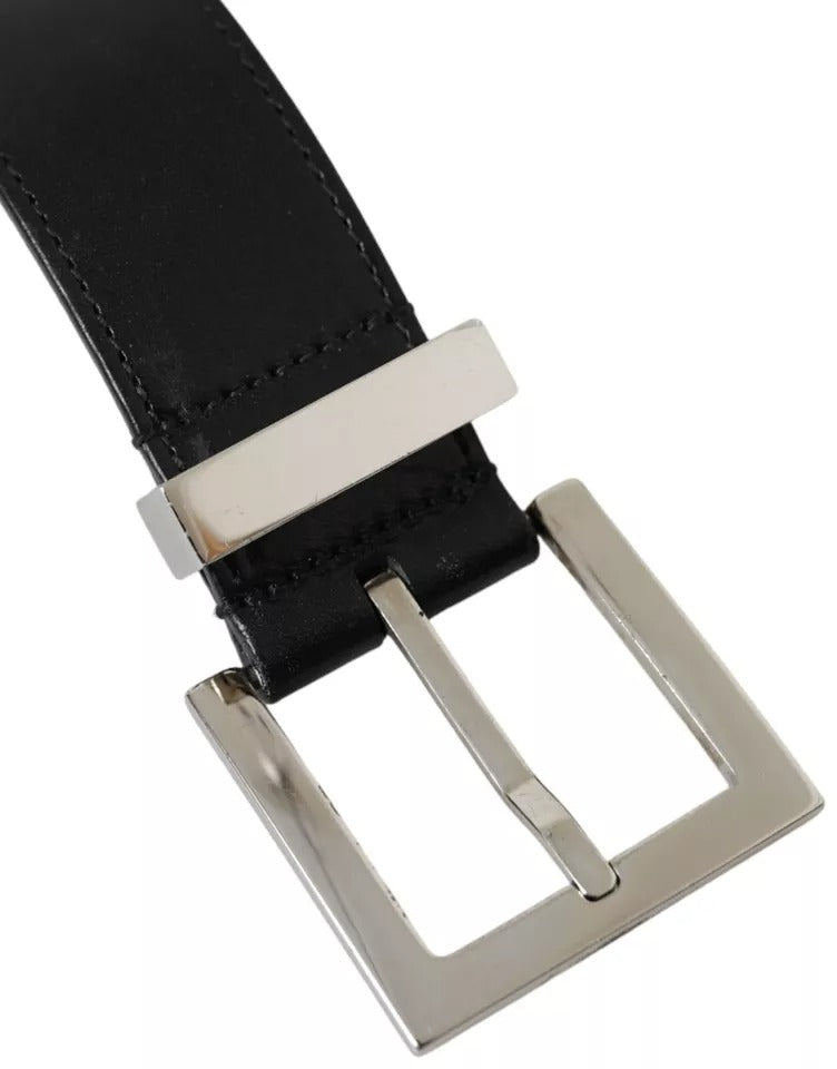 Dolce & Gabbana Black Leather Beige Strap Silver Metal Buckle Men's Belt (Pre-Owned)