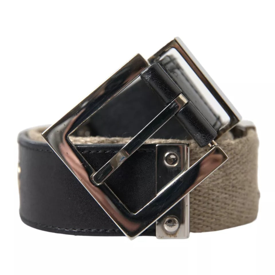 Dolce & Gabbana Black Leather Beige Strap Silver Metal Buckle Men's Belt (Pre-Owned)