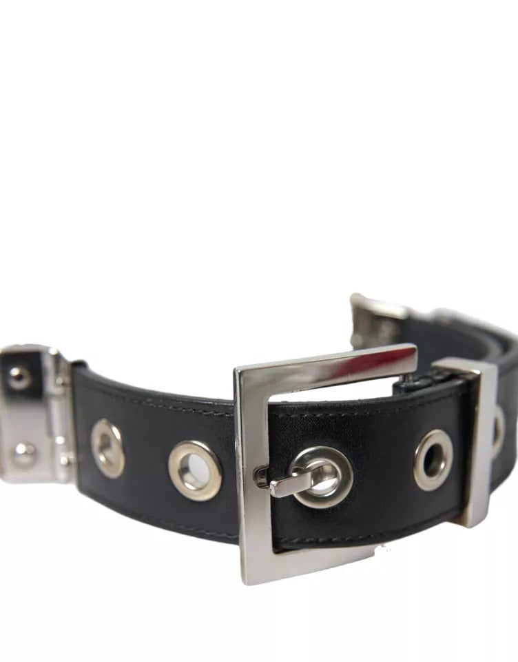 Dolce & Gabbana Black Leather Beige Strap Silver Metal Buckle Men's Belt (Pre-Owned)