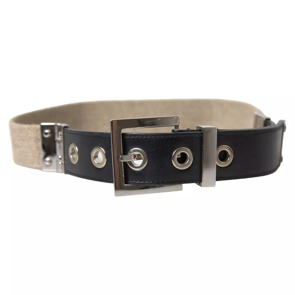 Dolce & Gabbana Black Leather Beige Strap Silver Metal Buckle Men's Belt (Pre-Owned)