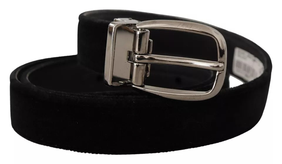 Dolce & Gabbana Black Velvet Silver Tone Metal Logo Buckle Men's Belt (Pre-Owned)