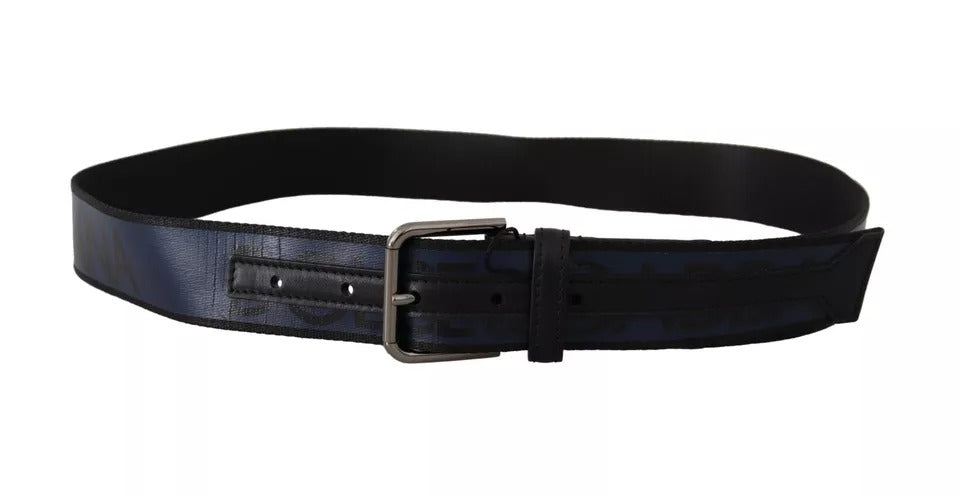 Dolce & Gabbana Blue Black Logo Print Silver Buckle Men's Belt (Pre-Owned)